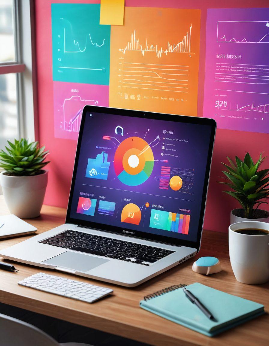 A vibrant, modern workspace with a laptop displaying a blog interface, surrounded by colorful icons representing various hosting solutions. Include elements like digital charts and graphs to signify growth and success, and a cup of coffee for a personal touch. The atmosphere should feel inspiring and tech-savvy. bright colors. 3D. vector art.