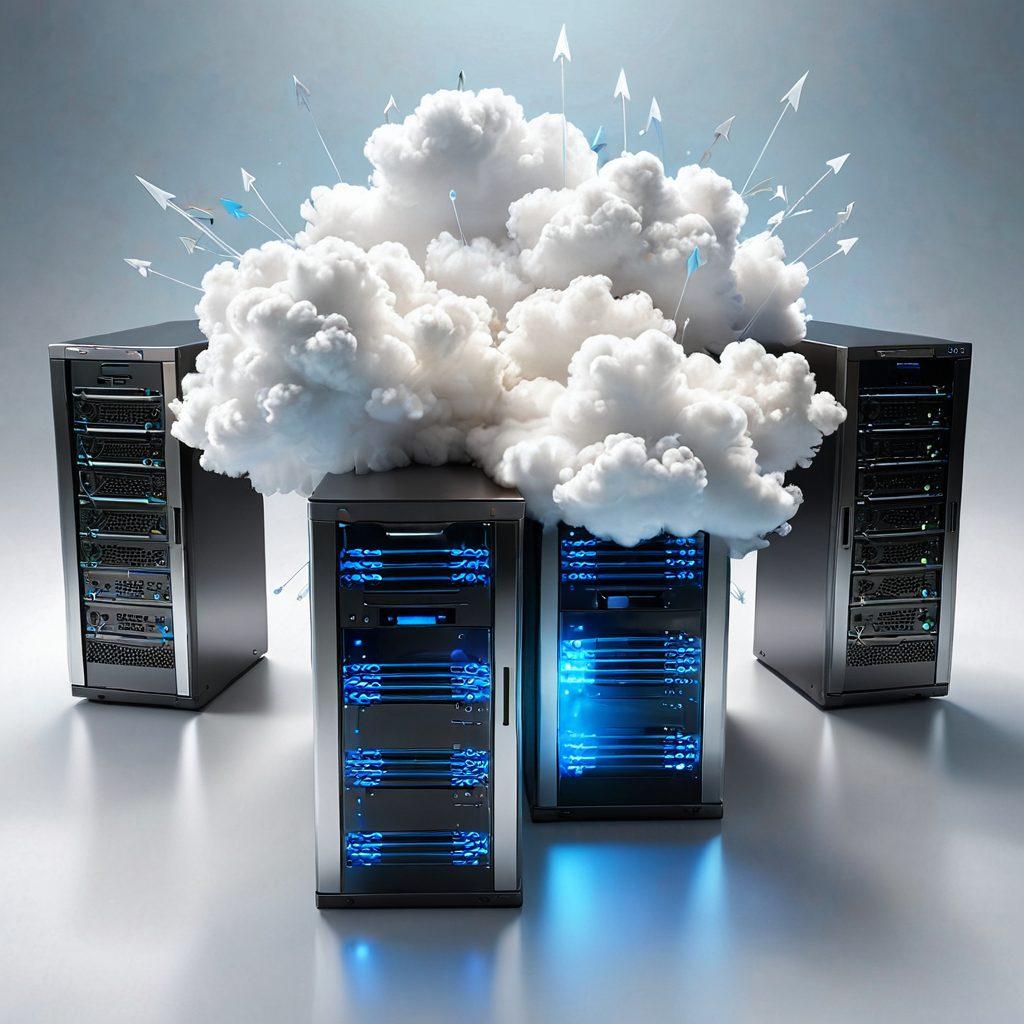 A dynamic visual representation of cloud, dedicated, and shared hosting options, showcasing three distinct server types: a fluffy cloud symbolizing cloud hosting, a sturdy isolated server for dedicated hosting, and multiple interconnected servers for shared hosting. Include vibrant lines and arrows illustrating the flow of data between them, set against a sleek, modern background that conveys technology and innovation. super-realistic. vibrant colors. 3D.